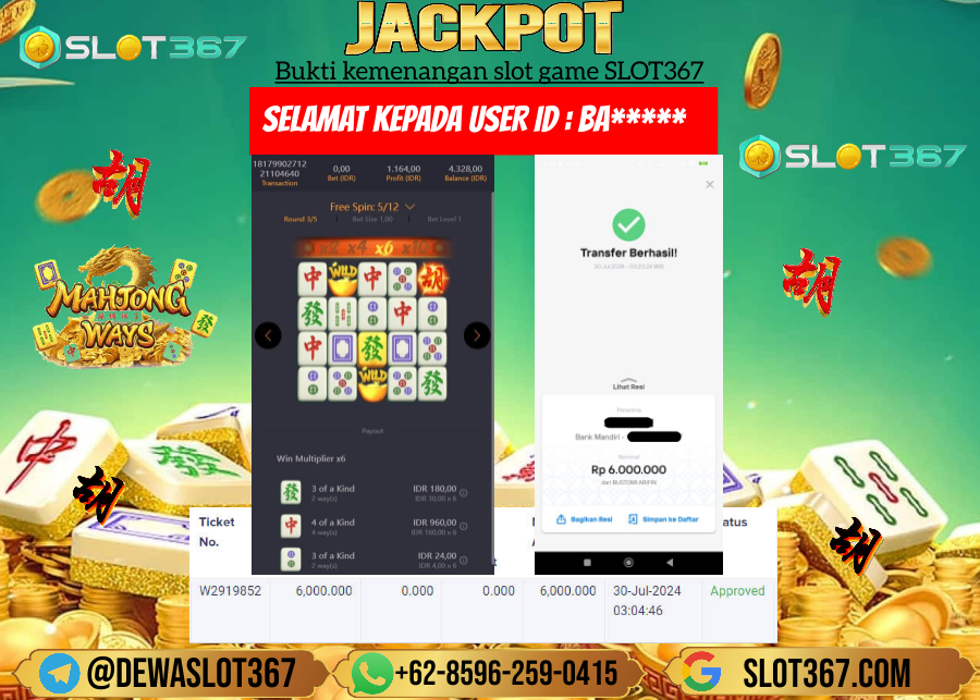 SLOT367 JACKPOT SLOT MAHYONG WAYS Rp.6.000.000.,- LUNAS