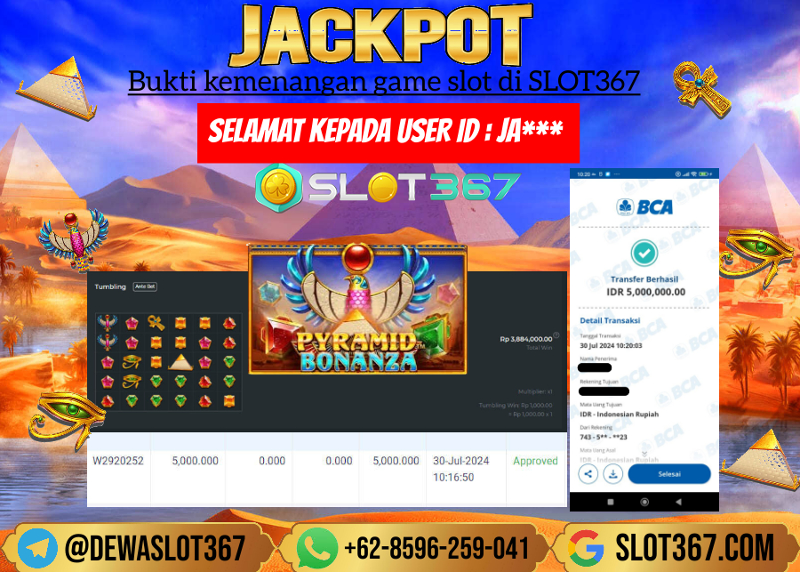 SLOT367 JACKPOT SLOT BONANZA PYRAMID Rp.5.000.000.,- LUNAS