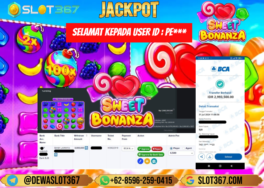 SLOT367 JACKPOT SLOT SWEET BONANZA Rp.3.000.000.,- LUNASS