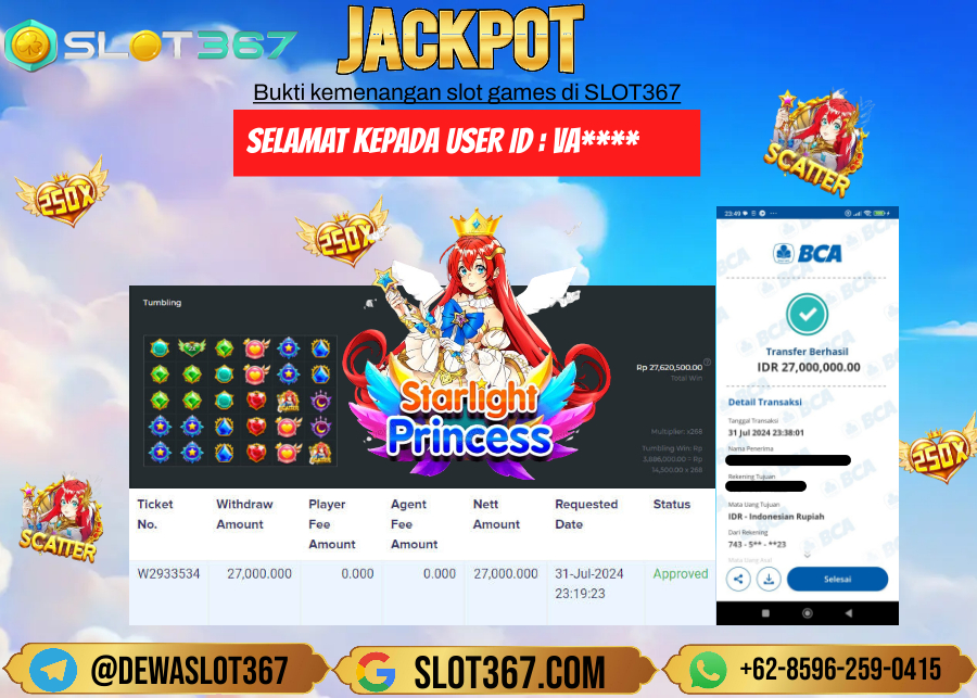 SLOT367 JACKPOT SLOT STARLIGHT PRINCESS Rp.27.000.000.,- LUNAS