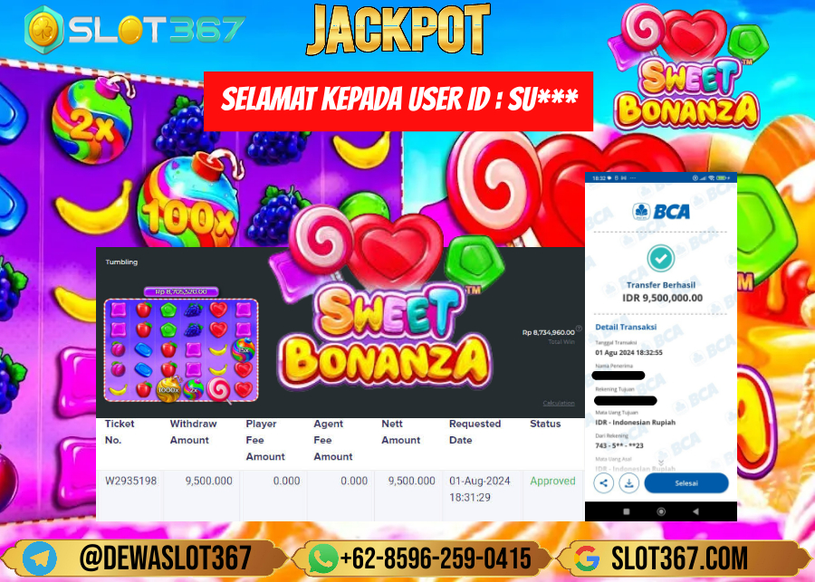 SLOT367 JACKPOT SLOT SWEET BONANZA  Rp.9.500.000.,- LUNAS