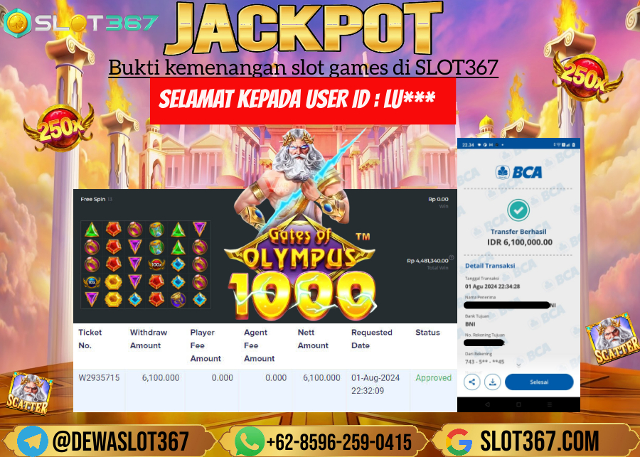 SLOT367 JACKPOT SLOT GATES OF OLYMPUS Rp.6.100.000.,- LUNAS