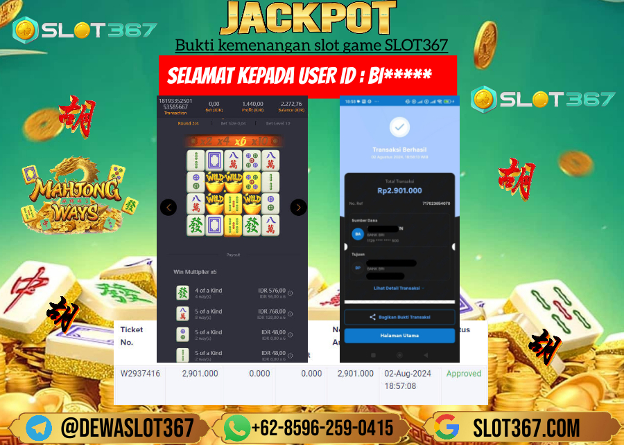 SLOT367 JACKPOT SLOT MAHJONG WAYS Rp.2.901.000.,- LUNAS