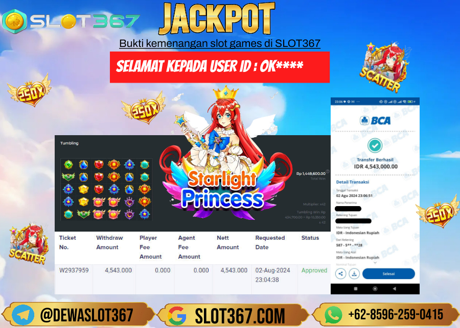 SLOT367 JACKPOT SLOT STARLIGHT PRINCESS Rp.4.543.000.,- LUNAS