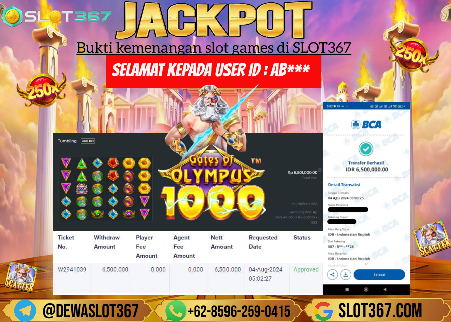 SLOT367 JACKPOT SLOT GATES OF OLYMPUS Rp.6.500.000.,- LUNAS