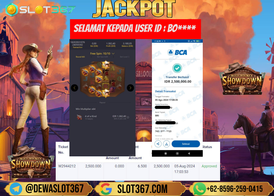 SLOT367 JACKPOT SLOT WILD BOUNTY SHOWDOWN Rp.2.500.000.,- LUNAS