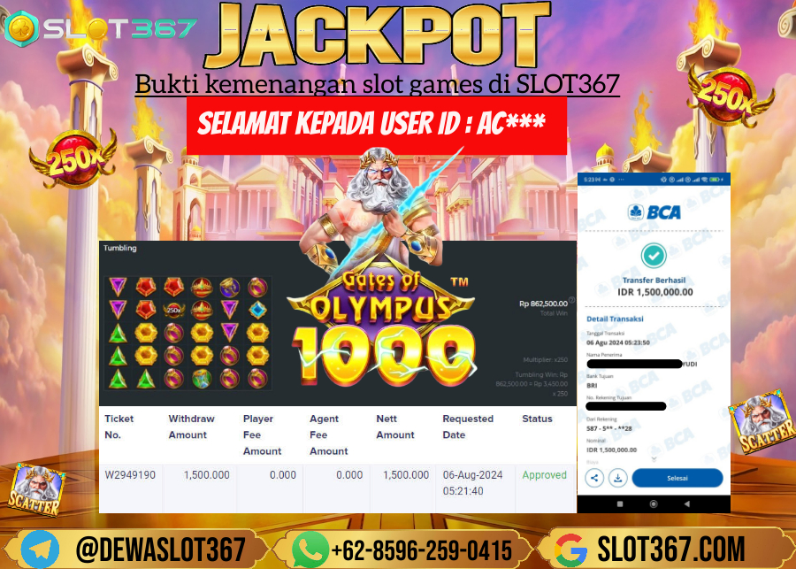 SLOT367 JACKPOT SLOT GATES OF OLYMPUS Rp.1.500.000.,- LUNAS