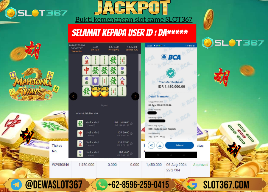 SLOT367 JACKPOT SLOT MAHYONG WAYS  Rp.1.450.000.,- LUNAS