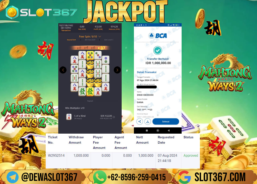 SLOT367 JACKPOT SLOT MAHYONG WAYS 2 Rp.1.000.000.,- LUNAS