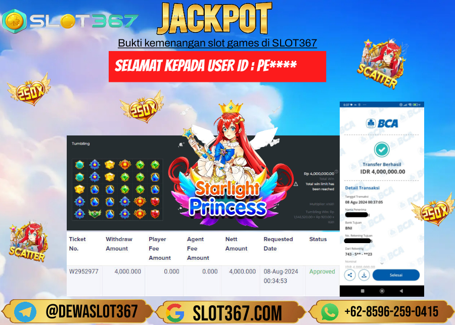 SLOT367 JACKPOT SLOT STARLIGHT PRINCESS Rp.4.000.000.,- LUNAS