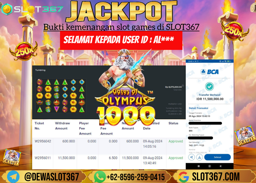 SLOT367 JACKPOT SLOT GATES OF OLYMPUS Rp.11.500.000.,- LUNAS