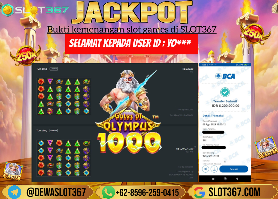 SLOT367 JACKPOT SLOT GATES OF OLYMPUS Rp.6.200.000.,- LUNAS