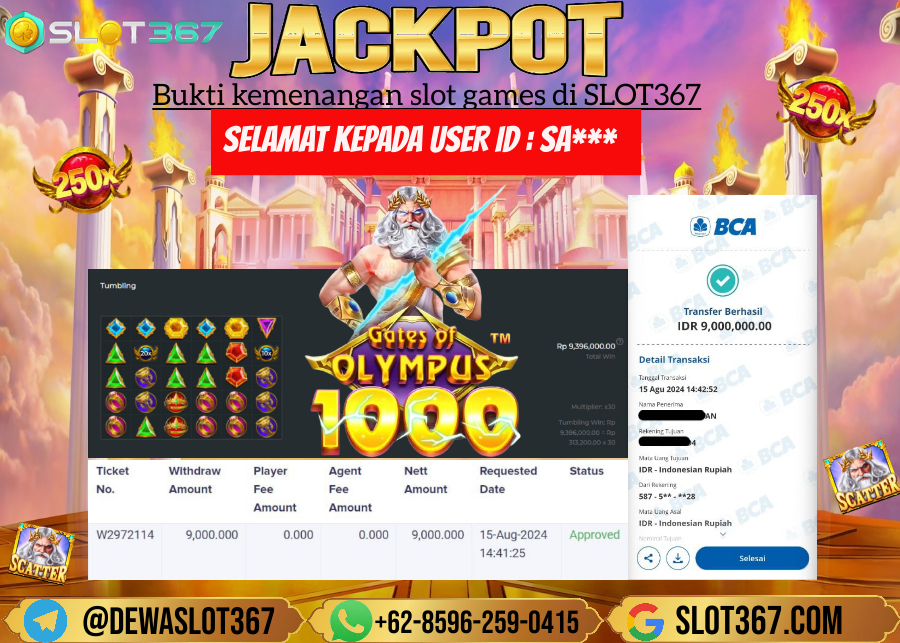 SLOT367 JACKPOT SLOT GATES OF OLYMPUS Rp.9.000.000.,- LUNNAS