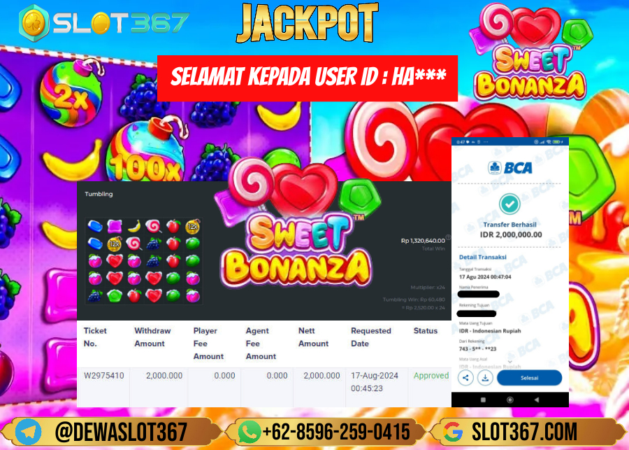 SLOT367 JACKPOT SLOT SWEET BONANZA Rp.2.000.000.,- LUNNASS