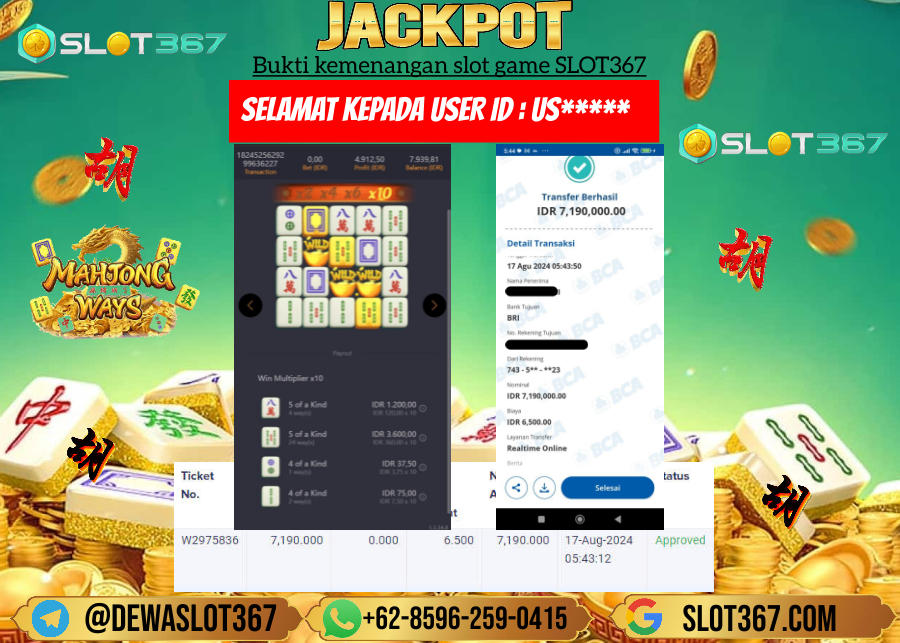 SLOT367 JACKPOT SLOT MAHYONG WAYS  Rp.7.190.000.,- LUNAS