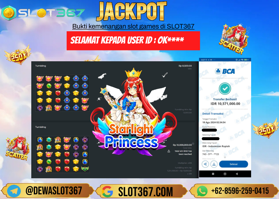 SLOT367 JACKPOT SLOT STARLIGHT PRINCESS Rp.10.571.000.,- LUNAS