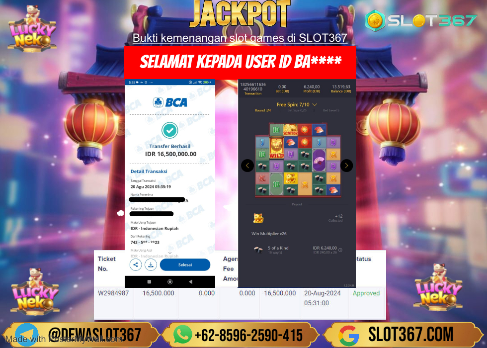 SLOT367 JACKPOT SLOT LUCKY NEKO  Rp.16.500.000.,- LUNAS