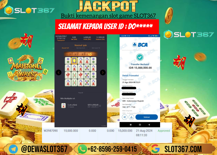 SLOT367 JACKPOT SLOT MAHYONG WAYS Rp.15.000.000.,- LUNAS