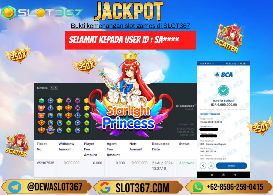 SLOT367 JACKPOT SLOT STARLIGHT PRINCESS Rp.9.000.000.,- LUNAS