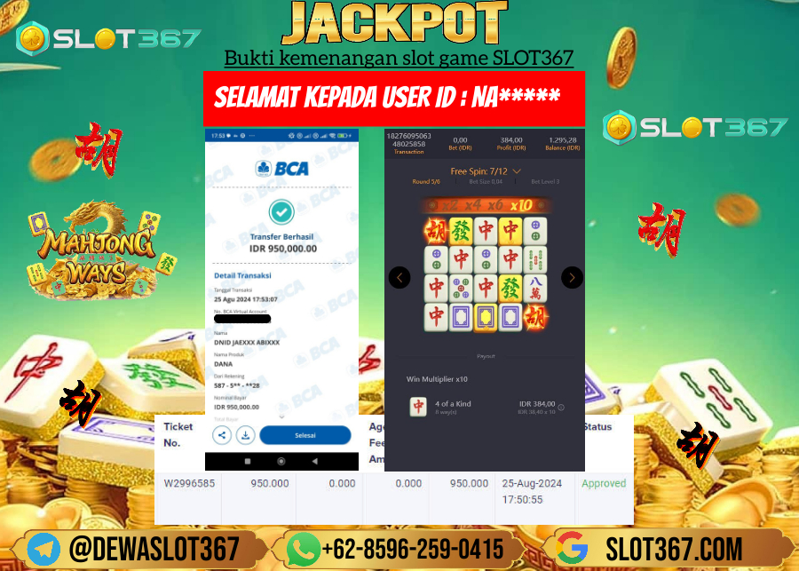 SLOT367 JACKPOT SLOT MAHYONG WAYS Rp.950.000.,- LUNAS