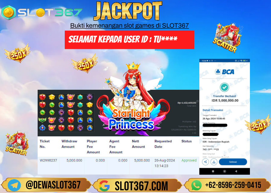 SLOT367 JACKPOT SLOT STARLIGHT PRINCESS Rp.5.000.000.,- LUNAS