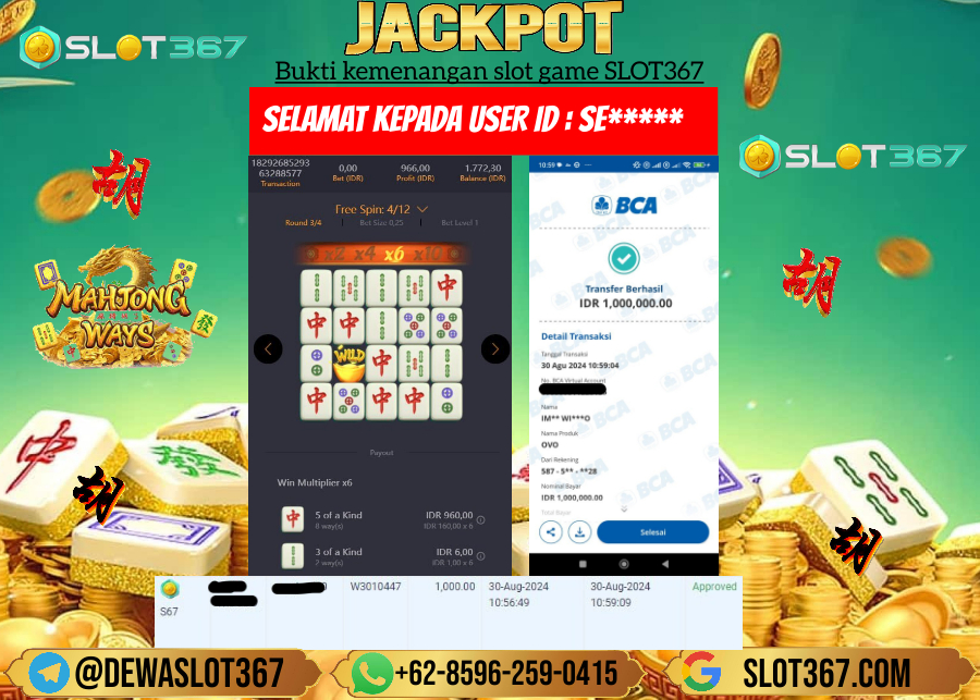 SLOT367 JACKPOT SLOT MAHYONG WAYS Rp.1.000.000.,- LUNASSS