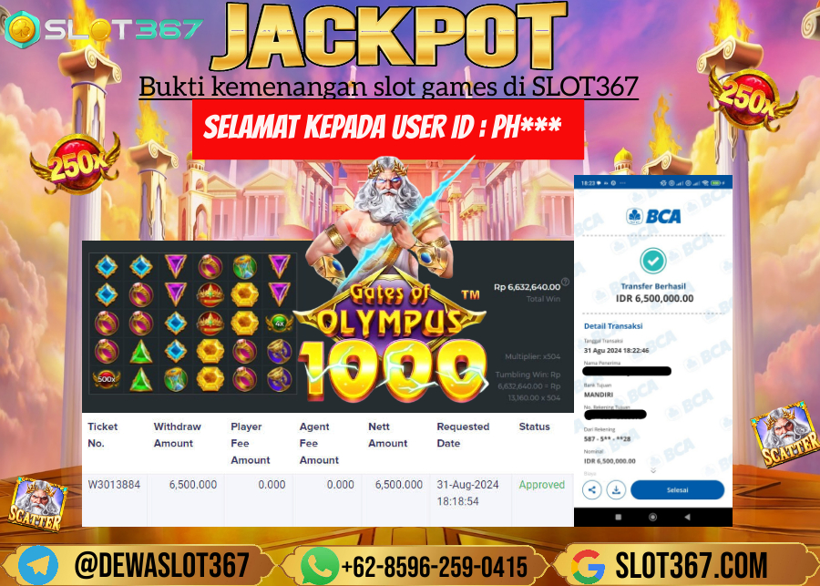 SLOT367 JACKPOT SLOT GATES OF OLYMPUS Rp.6.500.000.,- LUNASSS