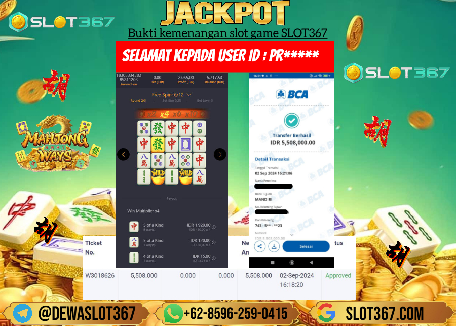 SLOT367 JACKPOT SLOT MAHYONG WAYS Rp.5.508.000.,- LUNAS