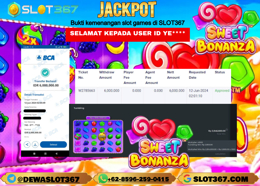 SLOT367 JACKPOT SLOT SWEET BONANZA Rp.6.000.000.,- LUNAS