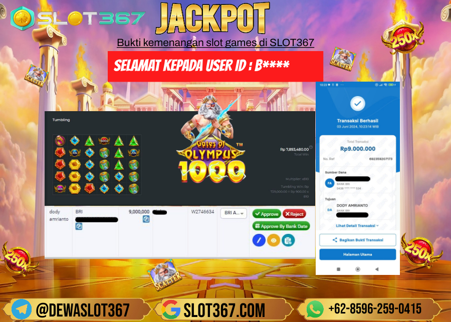 SLOT367 JACKPOT SLOT GATES OF OLYMPUS Rp.9.000.000.,- LUNAS