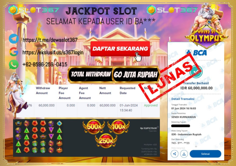 SLOT367 JACKPOT SLOT GATES OF OLYMPUS Rp.60.000.00.,- LUNAS